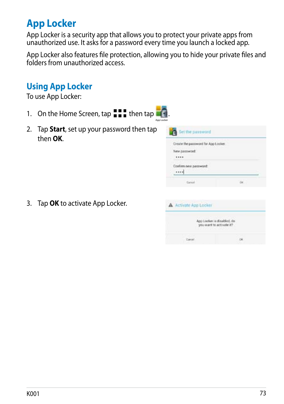 App locker, Using app locker, Then tap | Tap start , set up your password then tap then ok, K001 | Asus MeMO Pad Smart 10 User Manual | Page 73 / 92