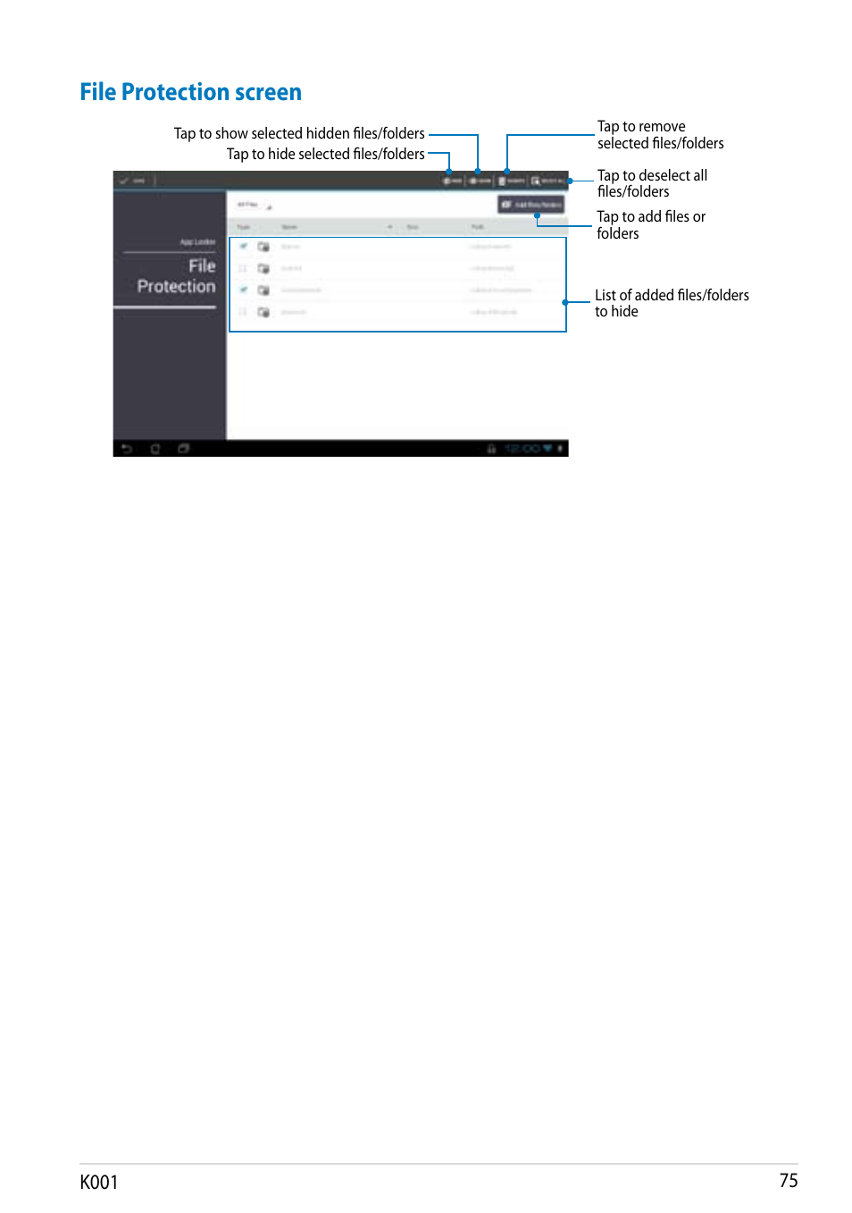 File protection screen, K001 | Asus MeMO Pad Smart 10 User Manual | Page 75 / 92