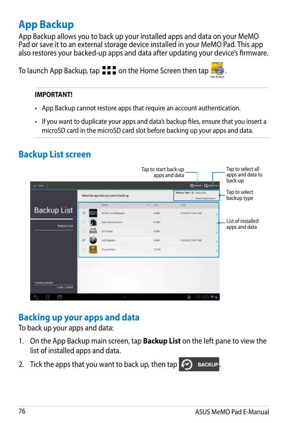 App backup, Backup list screen backing up your apps and data, On the home screen then tap | Asus MeMO Pad Smart 10 User Manual | Page 76 / 92