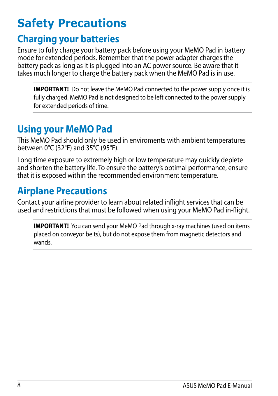 Safety precautions, Charging your batteries, Using your memo pad | Airplane precautions | Asus MeMO Pad Smart 10 User Manual | Page 8 / 92