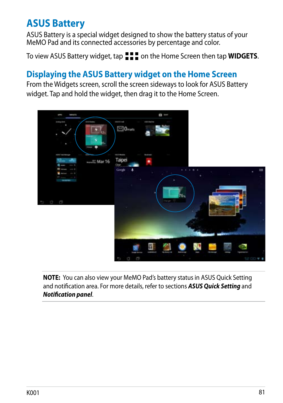 Asus battery, On the home screen then tap widgets, K001 1 | Asus MeMO Pad Smart 10 User Manual | Page 81 / 92