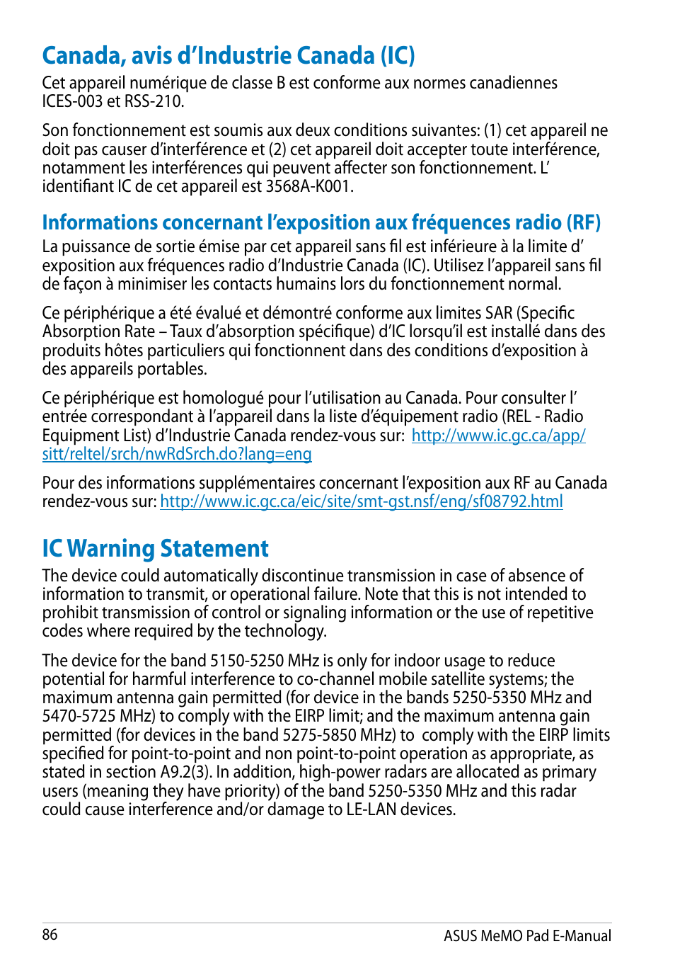 Canada, avis d’industrie canada (ic), Ic warning statement | Asus MeMO Pad Smart 10 User Manual | Page 86 / 92