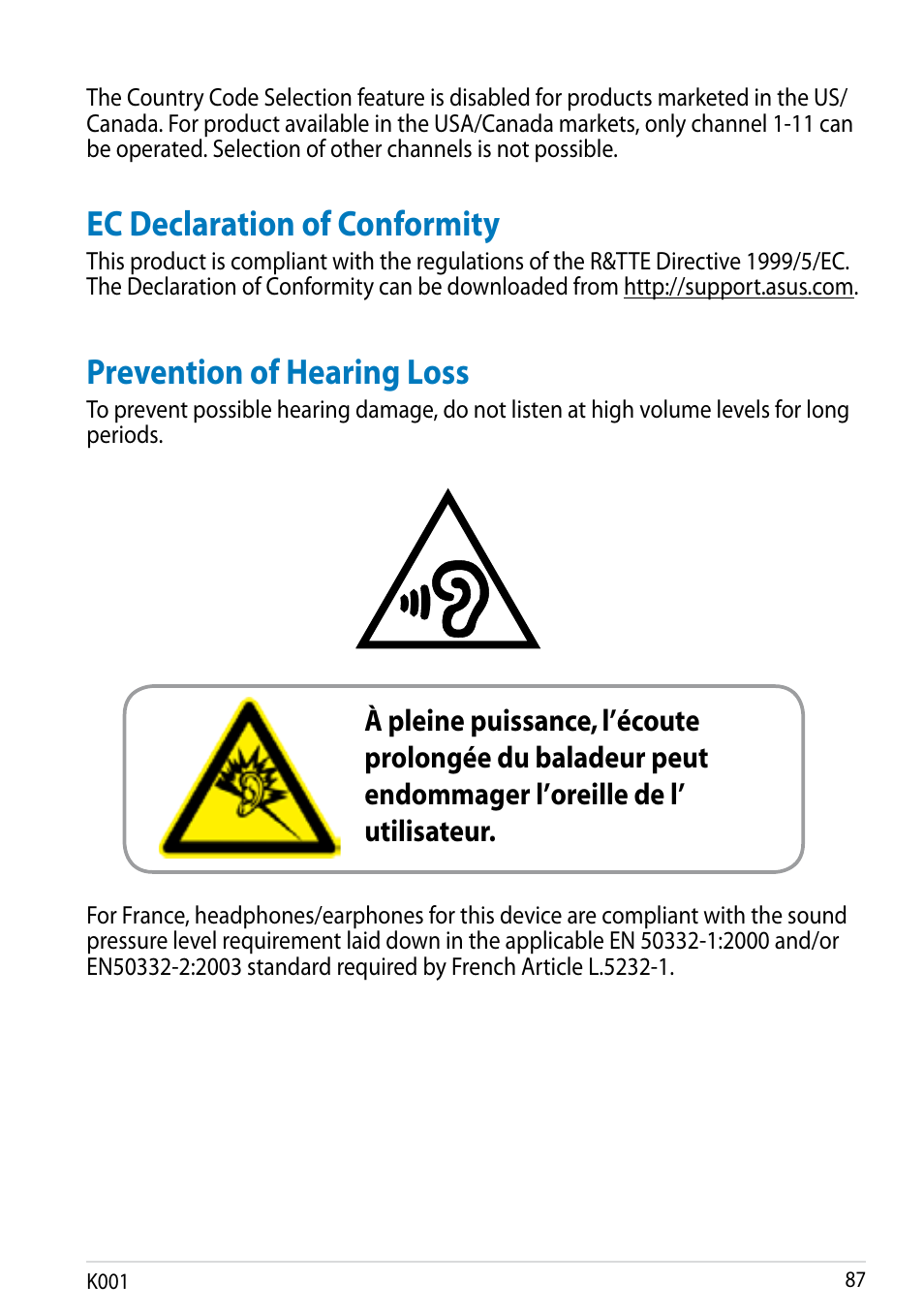 Ec declaration of conformity, Prevention of hearing loss | Asus MeMO Pad Smart 10 User Manual | Page 87 / 92