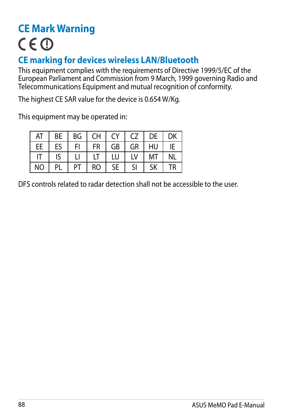 Ce mark warning, Ce marking for devices wireless lan/bluetooth | Asus MeMO Pad Smart 10 User Manual | Page 88 / 92