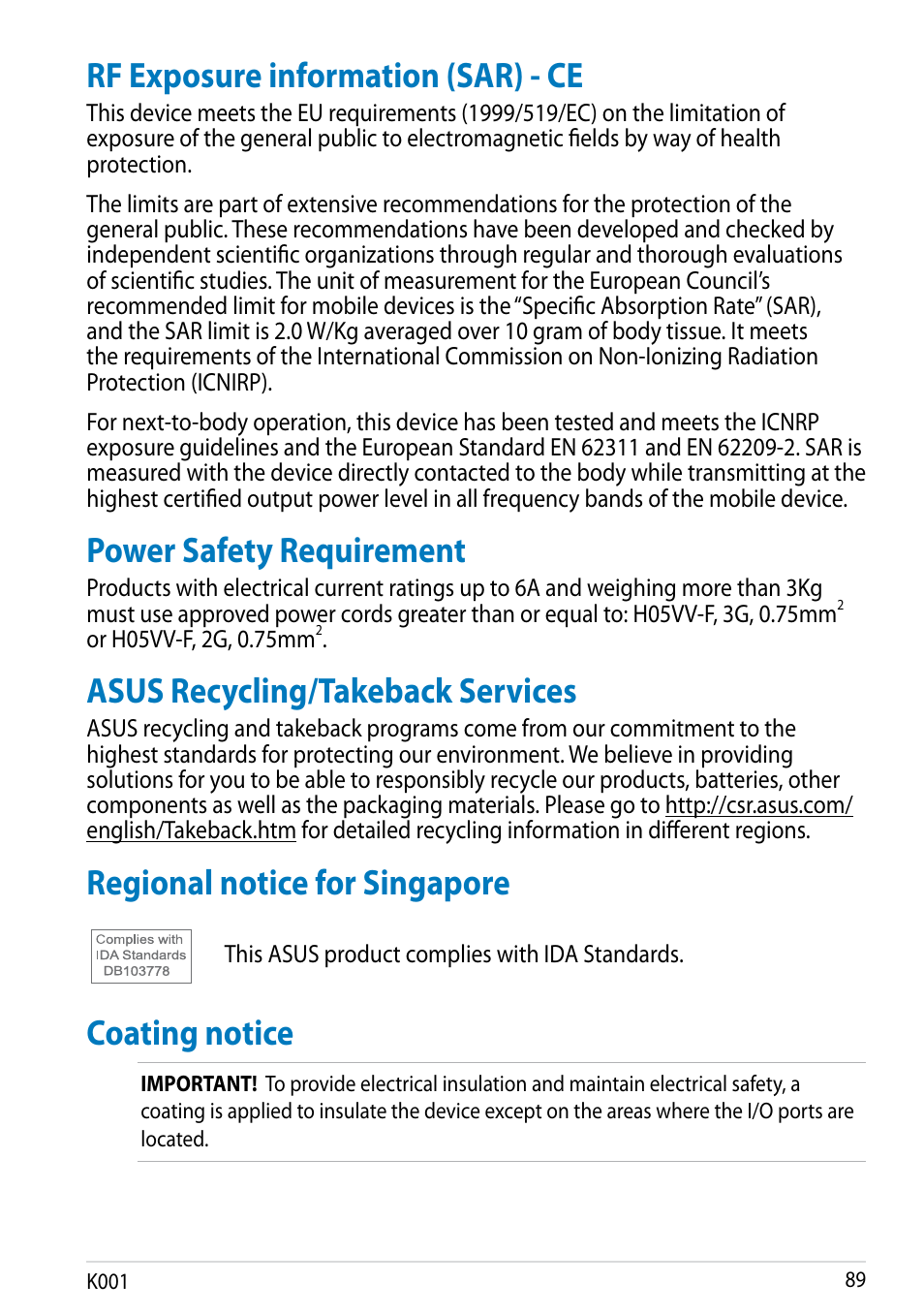 Rf exposure information (sar) - ce, Power safety requirement, Asus recycling/takeback services | Regional notice for singapore, Coating notice | Asus MeMO Pad Smart 10 User Manual | Page 89 / 92