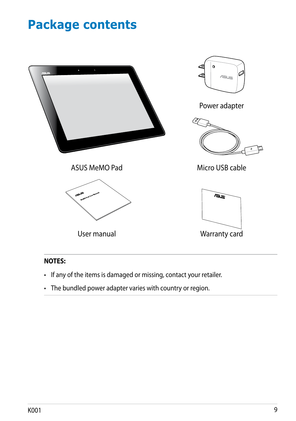 Package contents | Asus MeMO Pad Smart 10 User Manual | Page 9 / 92