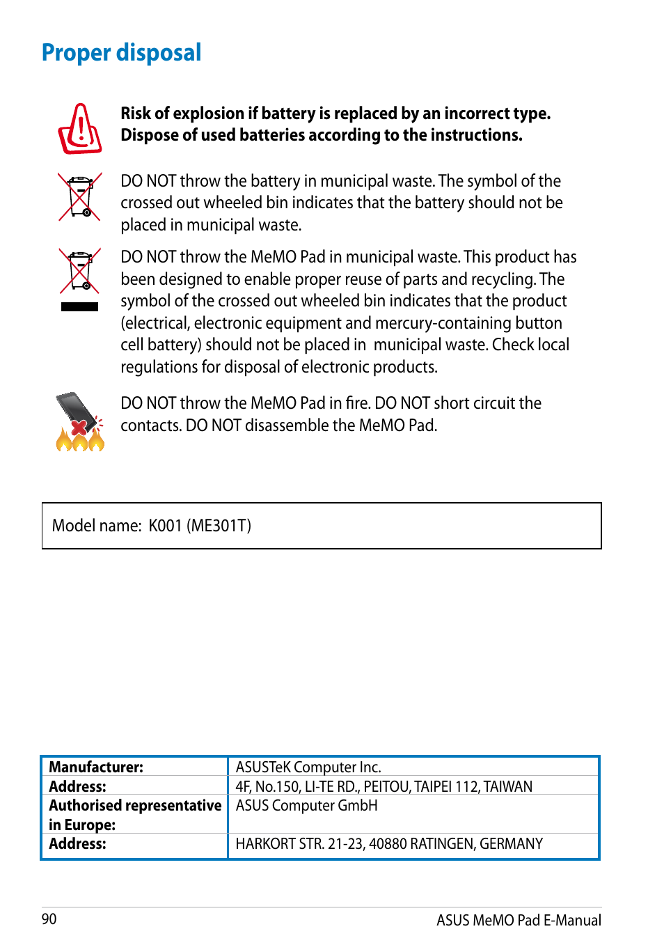 Proper disposal | Asus MeMO Pad Smart 10 User Manual | Page 90 / 92