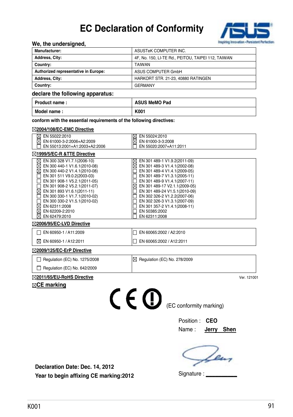 Ec declaration of conformity, K001 1, We, the undersigned | Declare the following apparatus, Ec conformity marking) | Asus MeMO Pad Smart 10 User Manual | Page 91 / 92