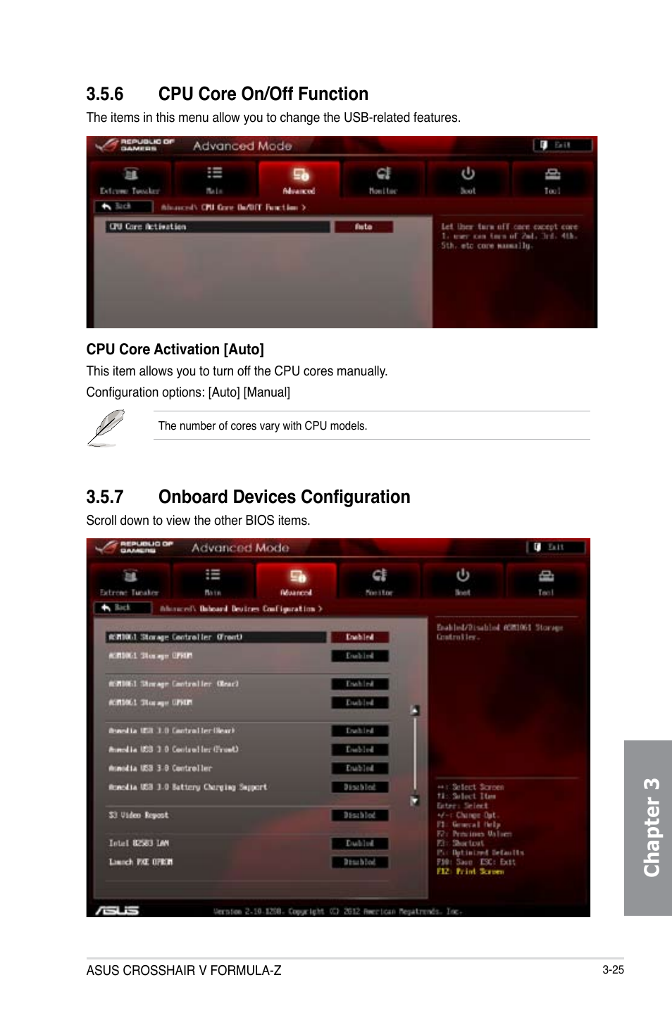 6 cpu core on/off function, 7 onboard devices configuration, Cpu core on/off function -25 | Onboard devices configuration -25, Chapter 3 | Asus Crosshair V Formula-Z User Manual | Page 105 / 184