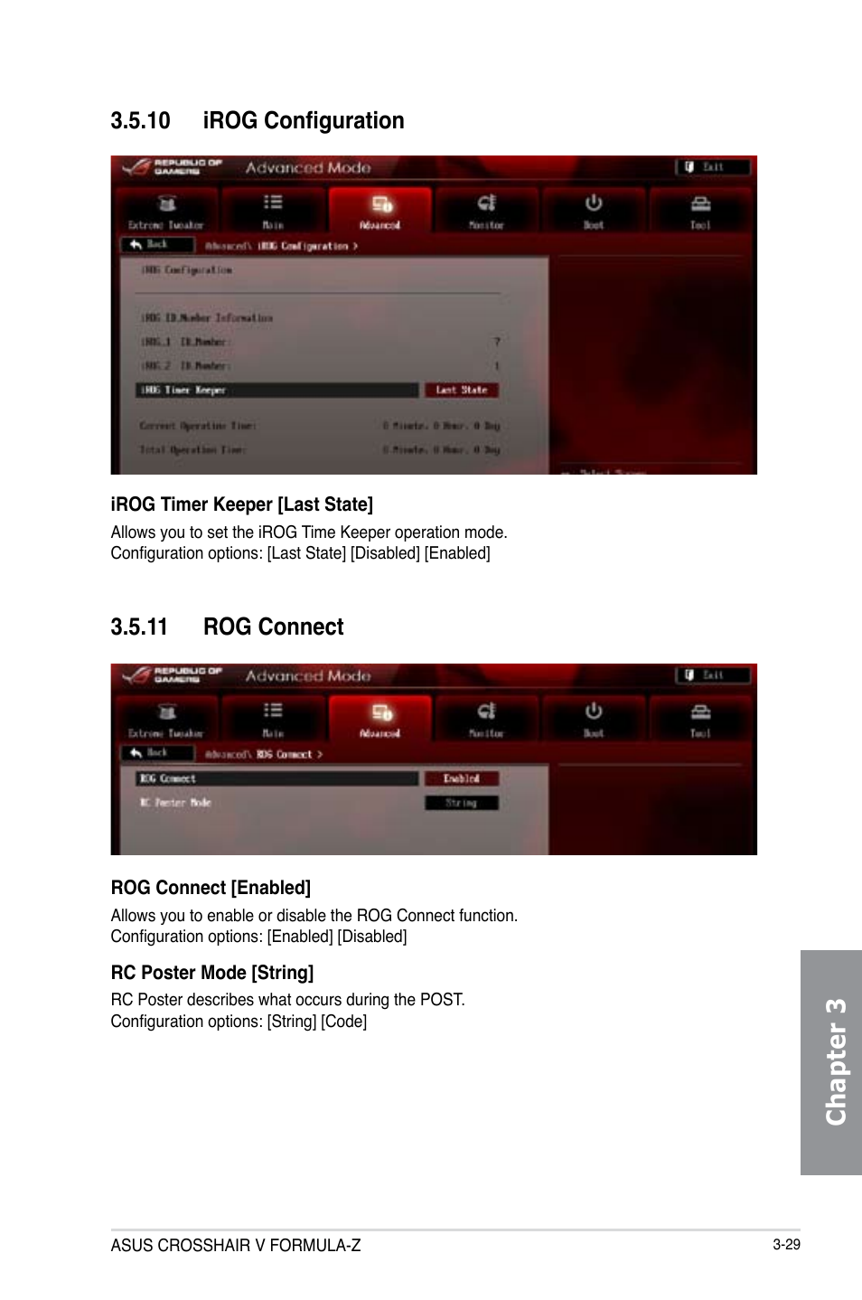 10 irog configuration, 11 rog connect, Irog configuration -29 | Rog connect -29, Chapter 3 | Asus Crosshair V Formula-Z User Manual | Page 109 / 184
