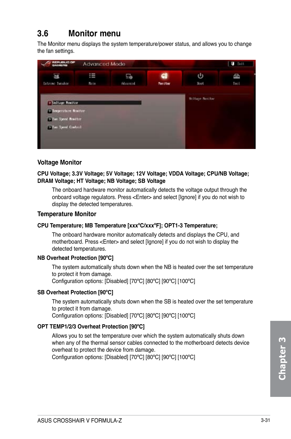 6 monitor menu, Monitor menu -31, Chapter 3 3.6 monitor menu | Asus Crosshair V Formula-Z User Manual | Page 111 / 184