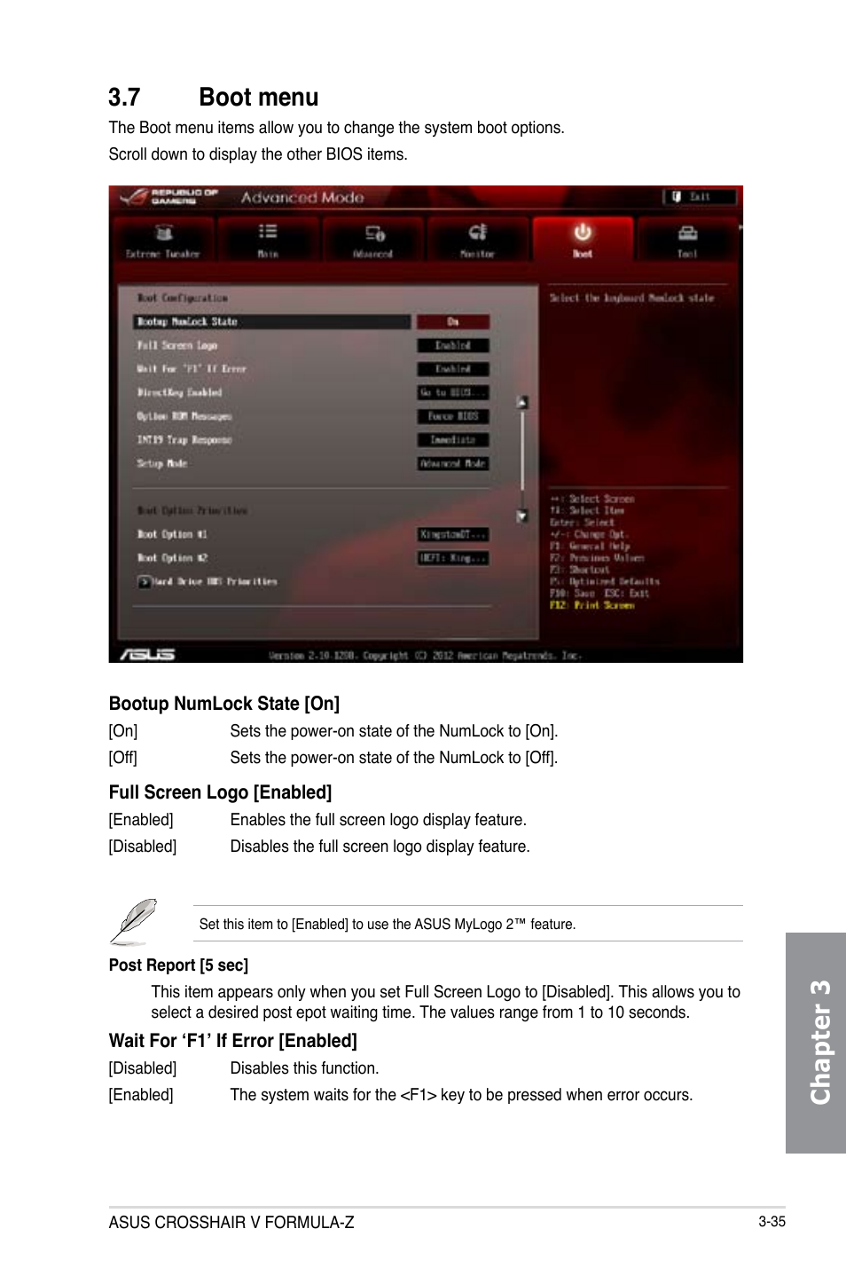 7 boot menu, Boot menu -35, Chapter 3 3.7 boot menu | Asus Crosshair V Formula-Z User Manual | Page 115 / 184