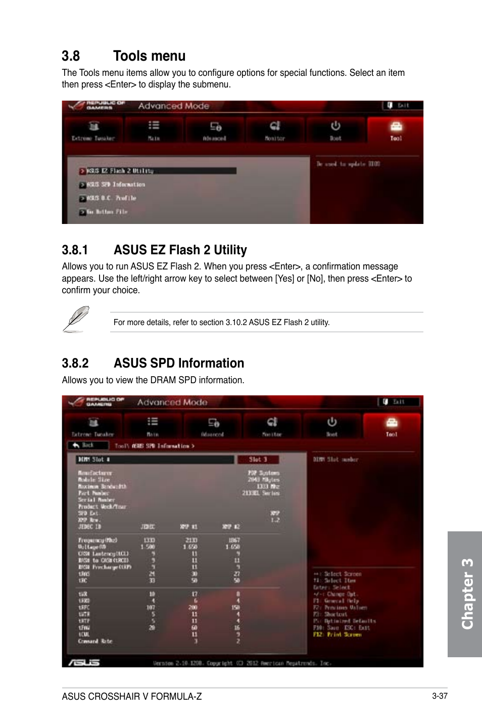 8 tools menu, 1 asus ez flash 2 utility, 2 asus spd information | Tools menu -37 3.8.1, Asus ez flash 2 utility -37, Asus spd information -37, Chapter 3 3.8 tools menu | Asus Crosshair V Formula-Z User Manual | Page 117 / 184