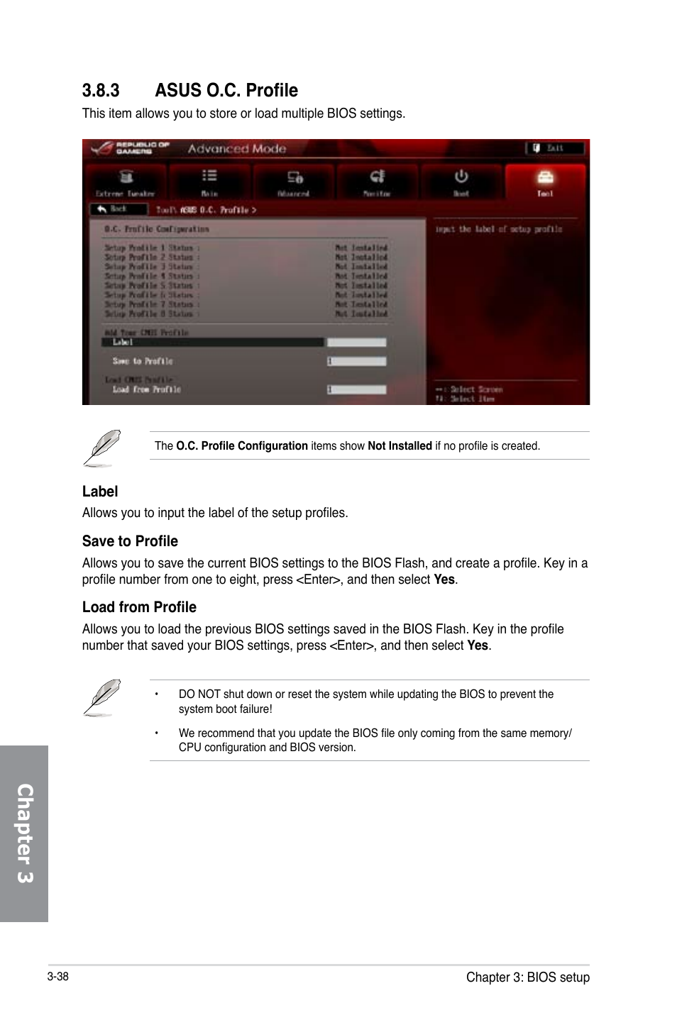 3 asus o.c. profile, Asus o.c. profile -38, Chapter 3 | Asus Crosshair V Formula-Z User Manual | Page 118 / 184