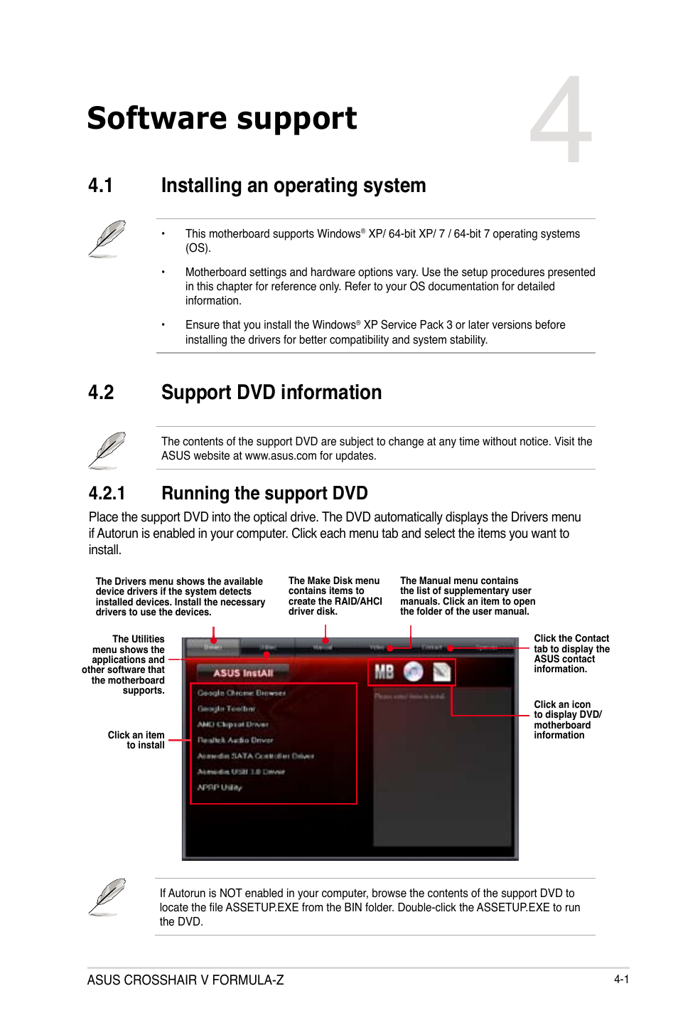 Software support, 1 installing an operating system, 2 support dvd information | 1 running the support dvd, Installing an operating system -1, Support dvd information -1 4.2.1, Running the support dvd -1, Chapter 4 | Asus Crosshair V Formula-Z User Manual | Page 129 / 184