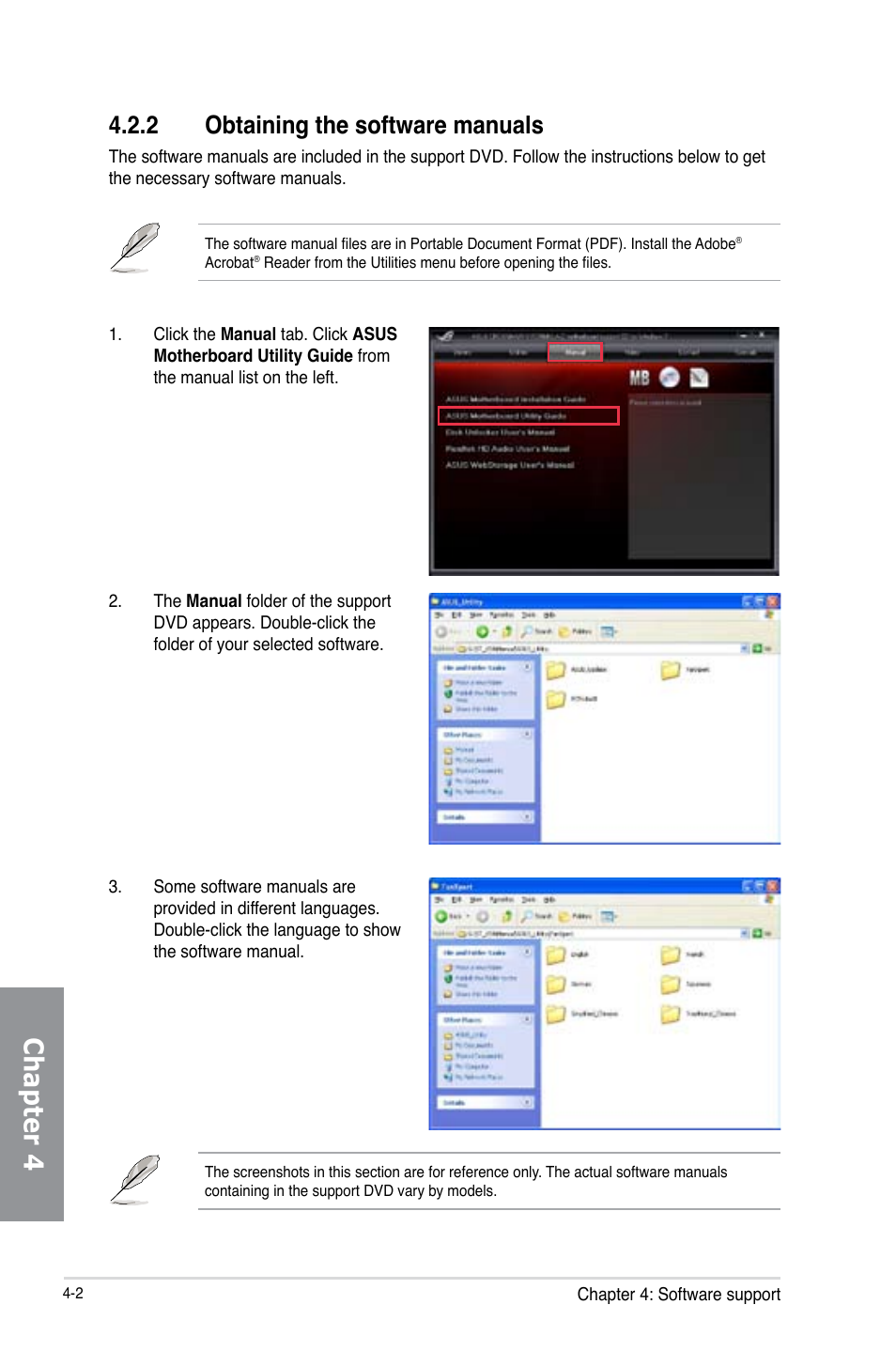 2 obtaining the software manuals, Obtaining the software manuals -2, Chapter 4 | Asus Crosshair V Formula-Z User Manual | Page 130 / 184