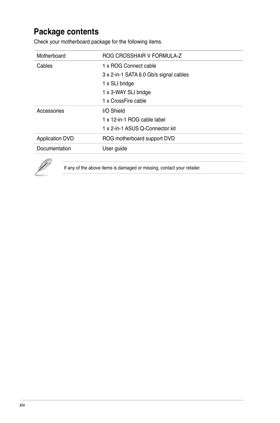 Package contents | Asus Crosshair V Formula-Z User Manual | Page 14 / 184