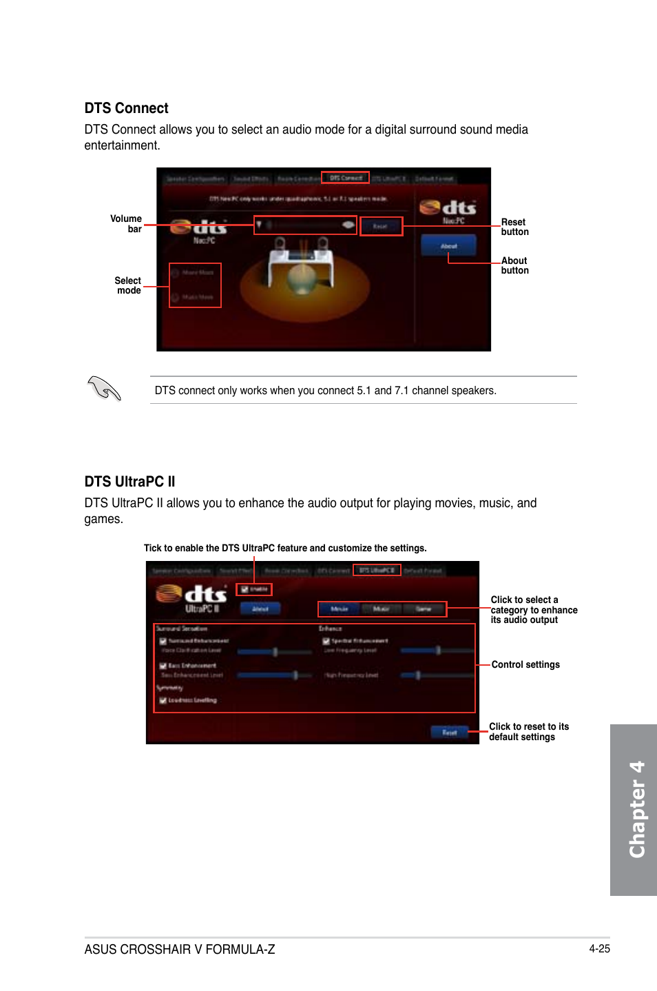 Chapter 4, Dts connect, Dts ultrapc ii | Asus Crosshair V Formula-Z User Manual | Page 153 / 184