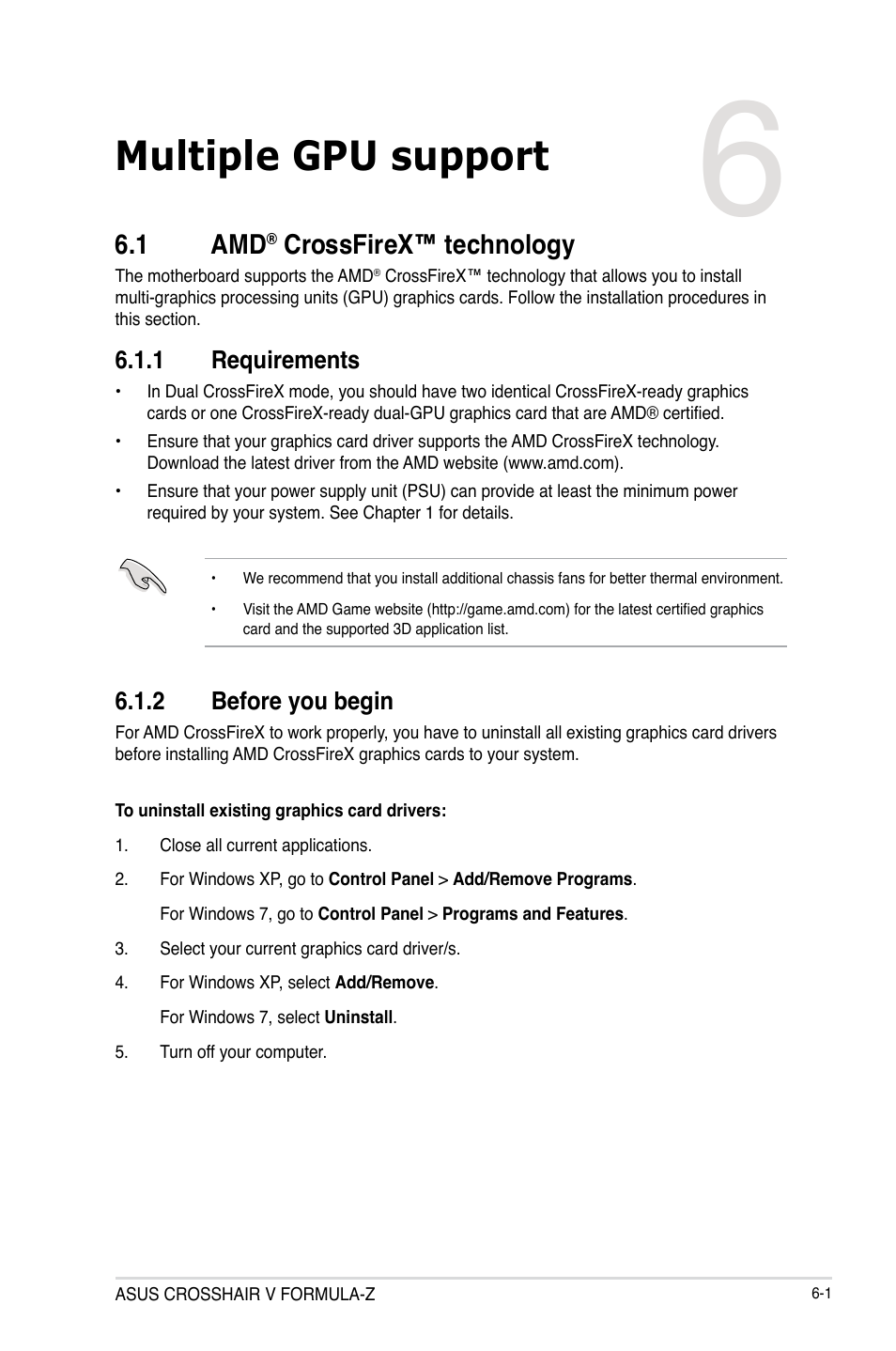Multiple gpu support, 1 amd® crossfirex™ technology, 1 requirements | 2 before you begin, Crossfirex™ technology -1, Requirements -1, Before you begin -1, Chapter 6, 1 amd, Crossfirex™ technology | Asus Crosshair V Formula-Z User Manual | Page 169 / 184
