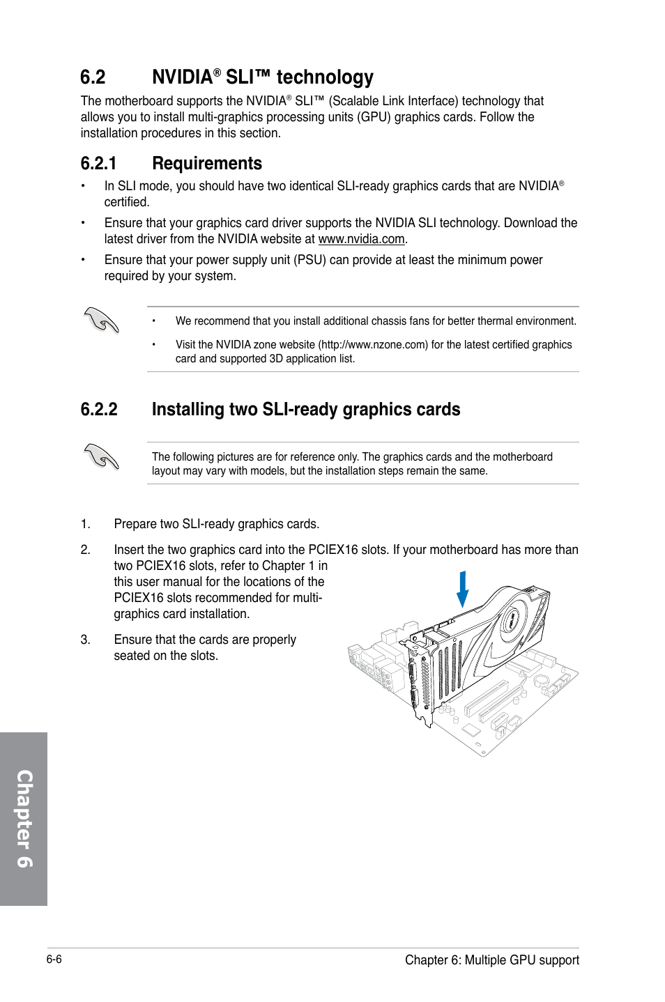 2 nvidia® sli™ technology, 1 requirements, 2 installing two sli-ready graphics cards | Nvidia, Sli™ technology -6, Requirements -6, Installing two sli-ready graphics cards -6, Chapter 6 6.2 nvidia, Sli™ technology | Asus Crosshair V Formula-Z User Manual | Page 174 / 184