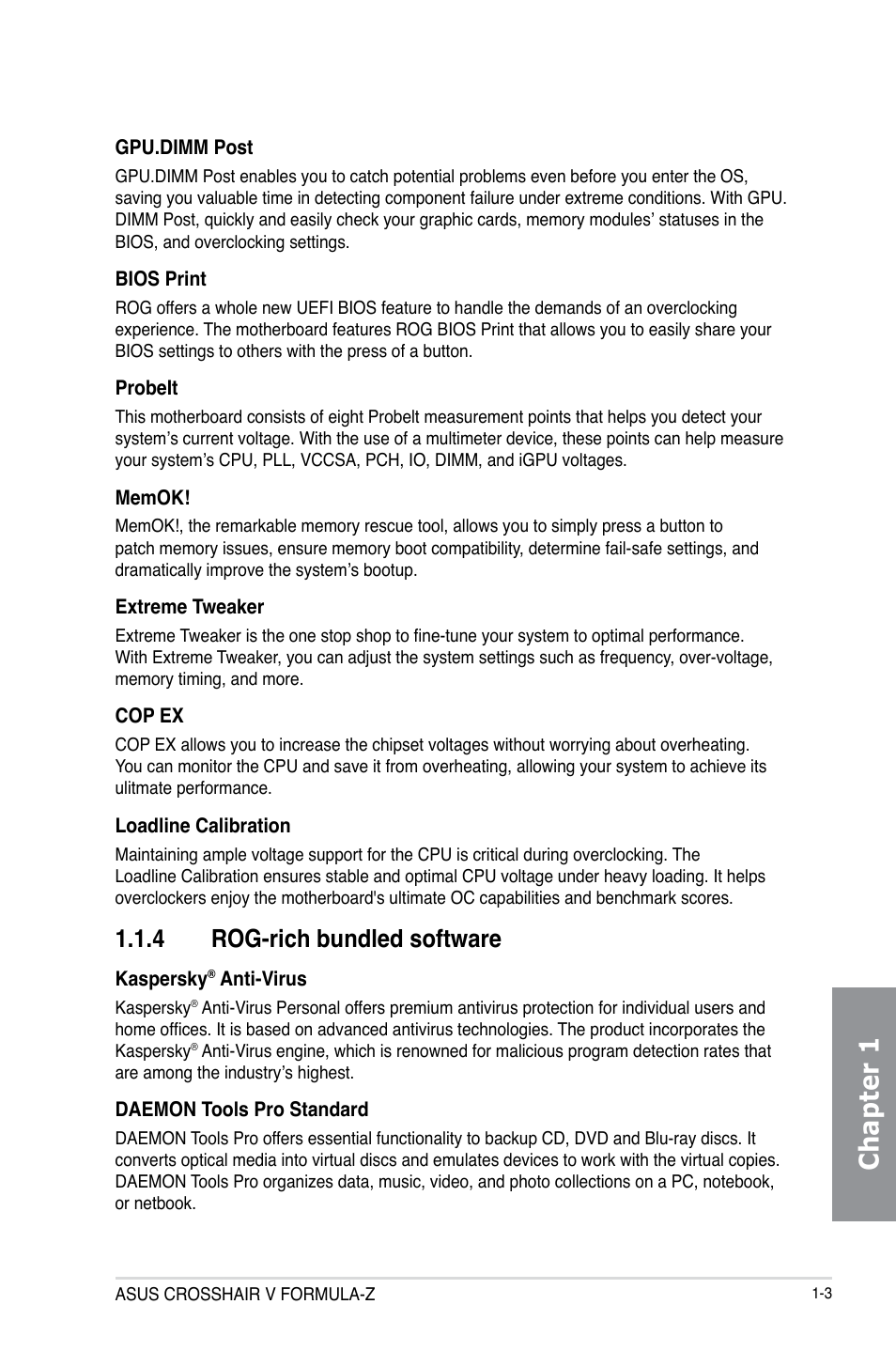 4 rog-rich bundled software, Rog-rich bundled software -3, Chapter 1 | Asus Crosshair V Formula-Z User Manual | Page 19 / 184
