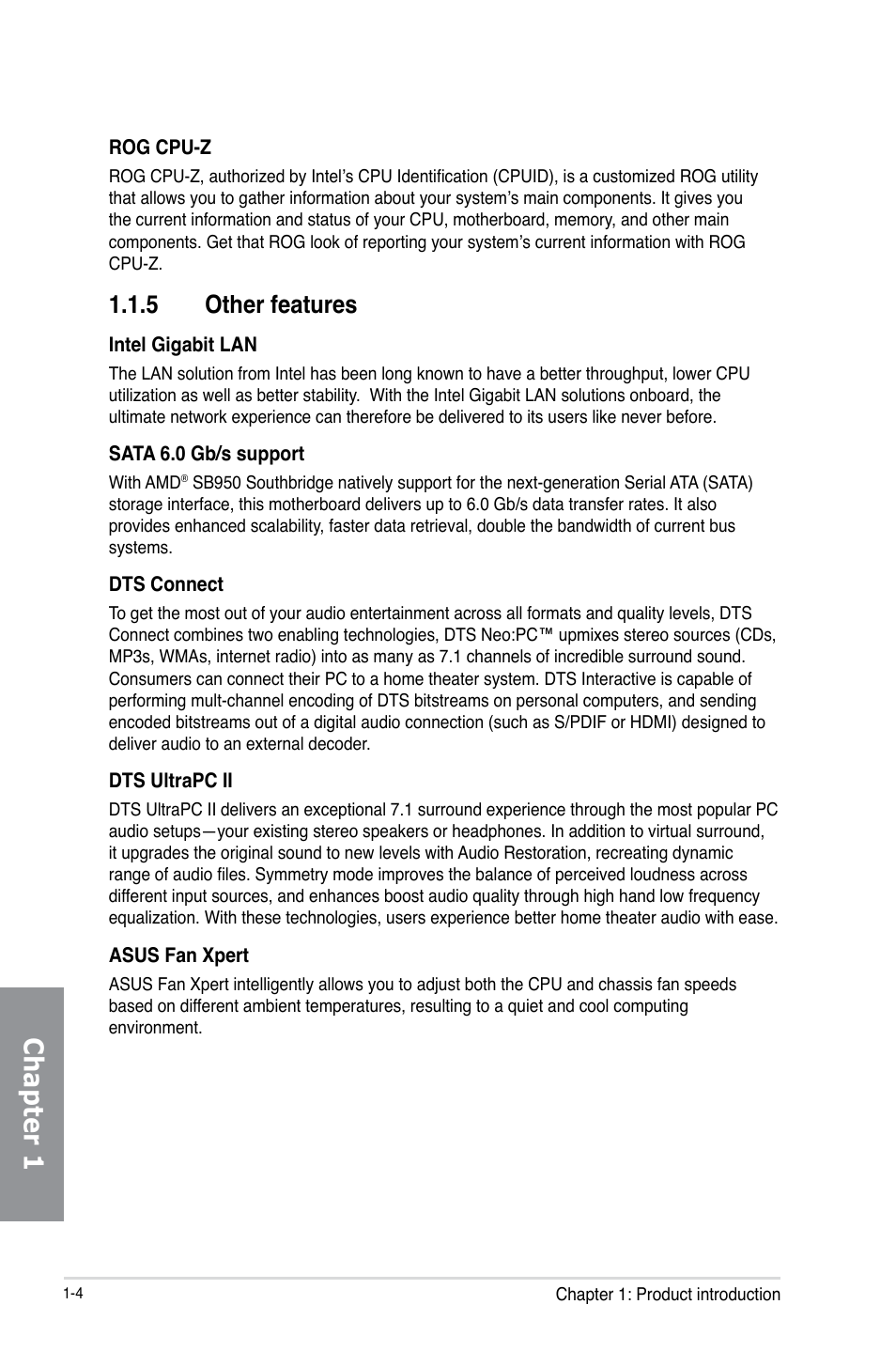 5 other features, Other features -4, Chapter 1 | Asus Crosshair V Formula-Z User Manual | Page 20 / 184