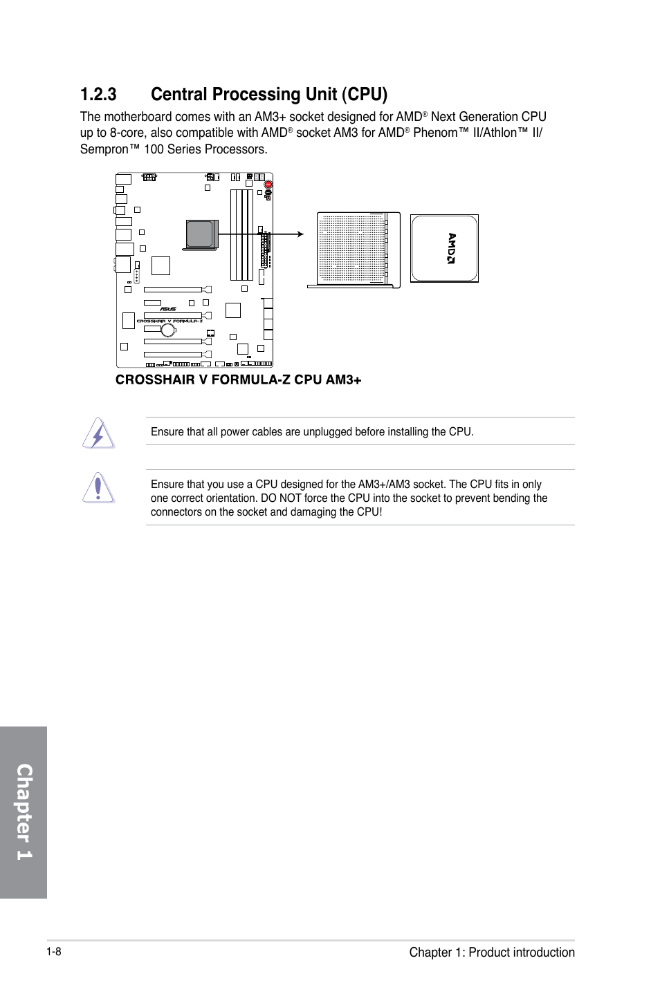 3 central processing unit (cpu), Central processing unit (cpu) -8, Chapter 1 | Asus Crosshair V Formula-Z User Manual | Page 24 / 184