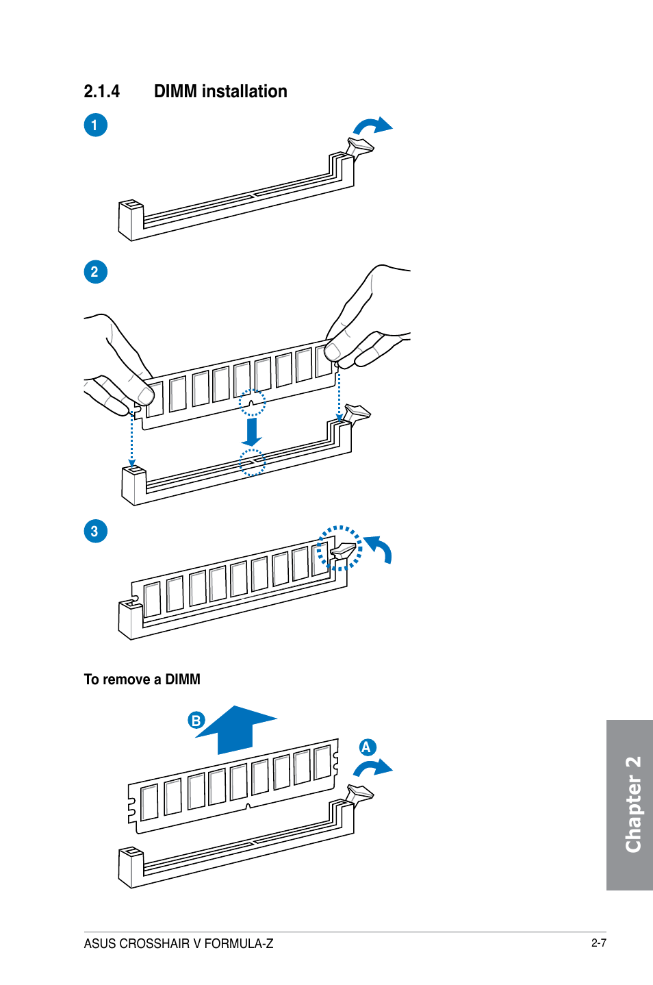 4 dimm installation, Dimm installation -7, Chapter 2 | Asus Crosshair V Formula-Z User Manual | Page 69 / 184