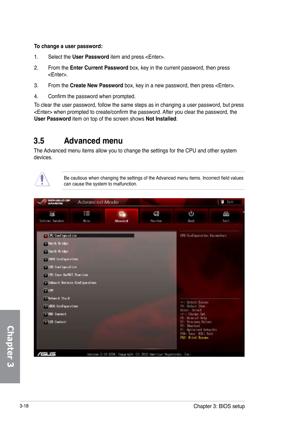 5 advanced menu, Advanced menu -18, Chapter 3 | Asus Crosshair V Formula-Z User Manual | Page 98 / 184