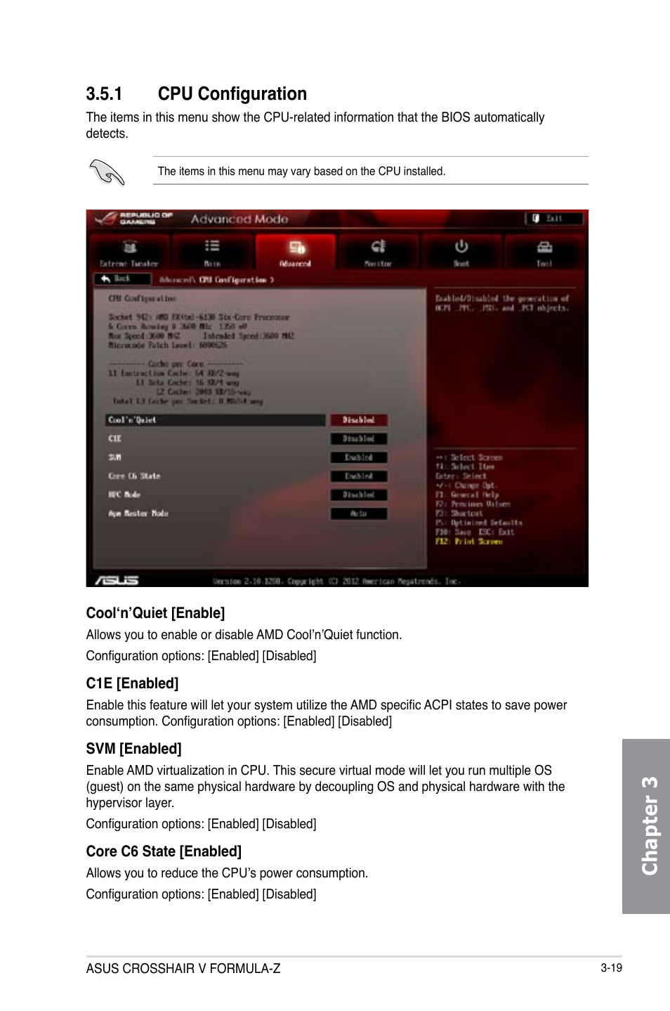 1 cpu configuration, Cpu configuration -19, Chapter 3 | Asus Crosshair V Formula-Z User Manual | Page 99 / 184