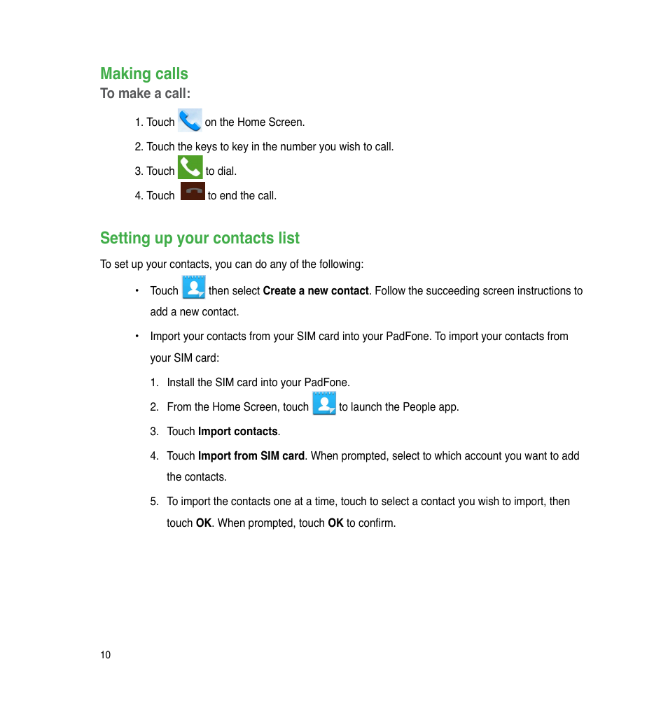 Making calls, Setting up your contacts list | Asus The new PadFone Infinity User Manual | Page 10 / 69