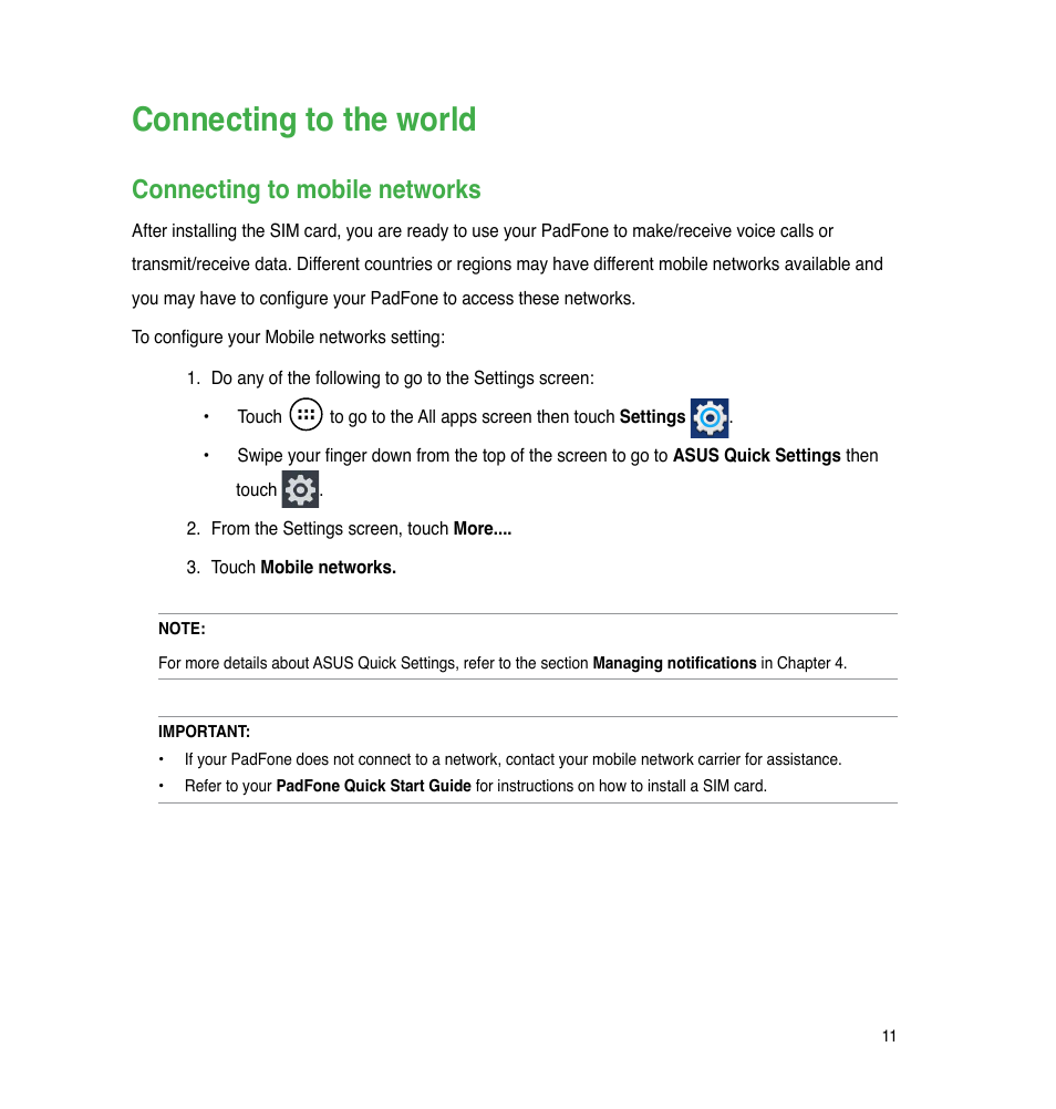 Connecting to the world, Connecting to mobile networks | Asus The new PadFone Infinity User Manual | Page 11 / 69