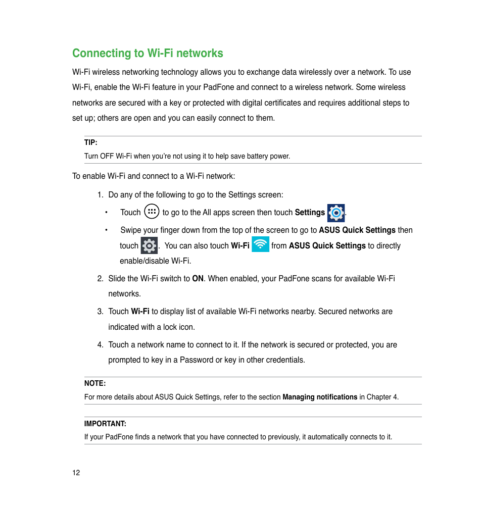 Connecting to wi-fi networks | Asus The new PadFone Infinity User Manual | Page 12 / 69
