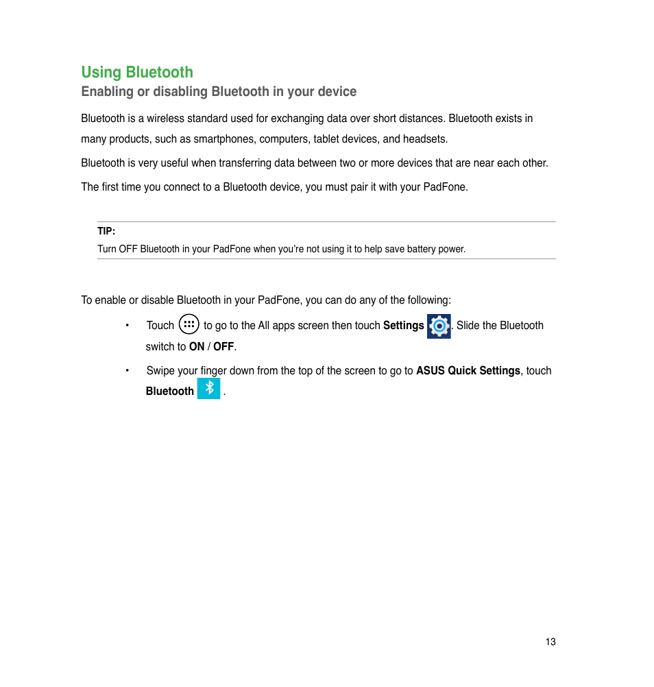 Using bluetooth | Asus The new PadFone Infinity User Manual | Page 13 / 69