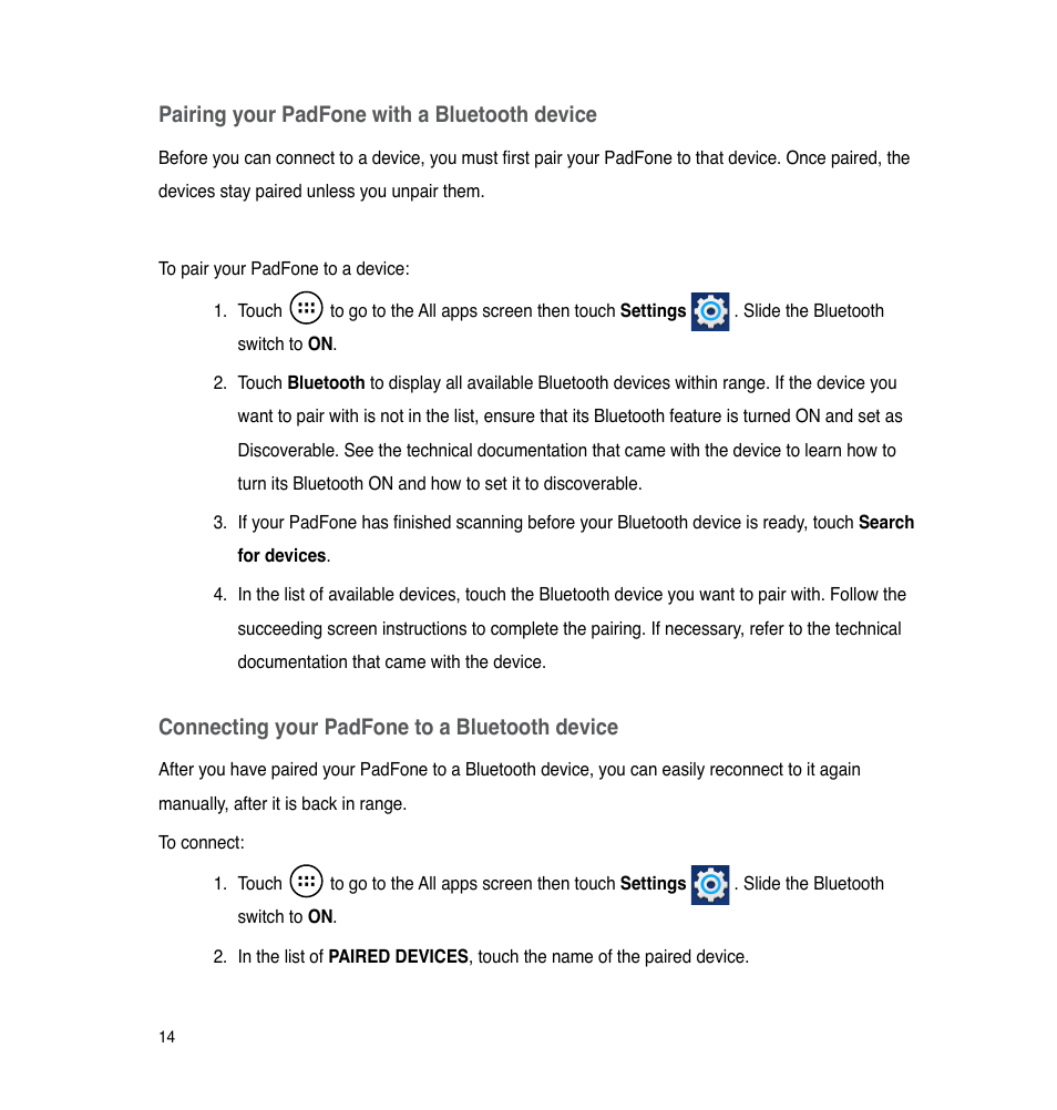 Pairing your padfone with a bluetooth device, Connecting your padfone to a bluetooth device | Asus The new PadFone Infinity User Manual | Page 14 / 69