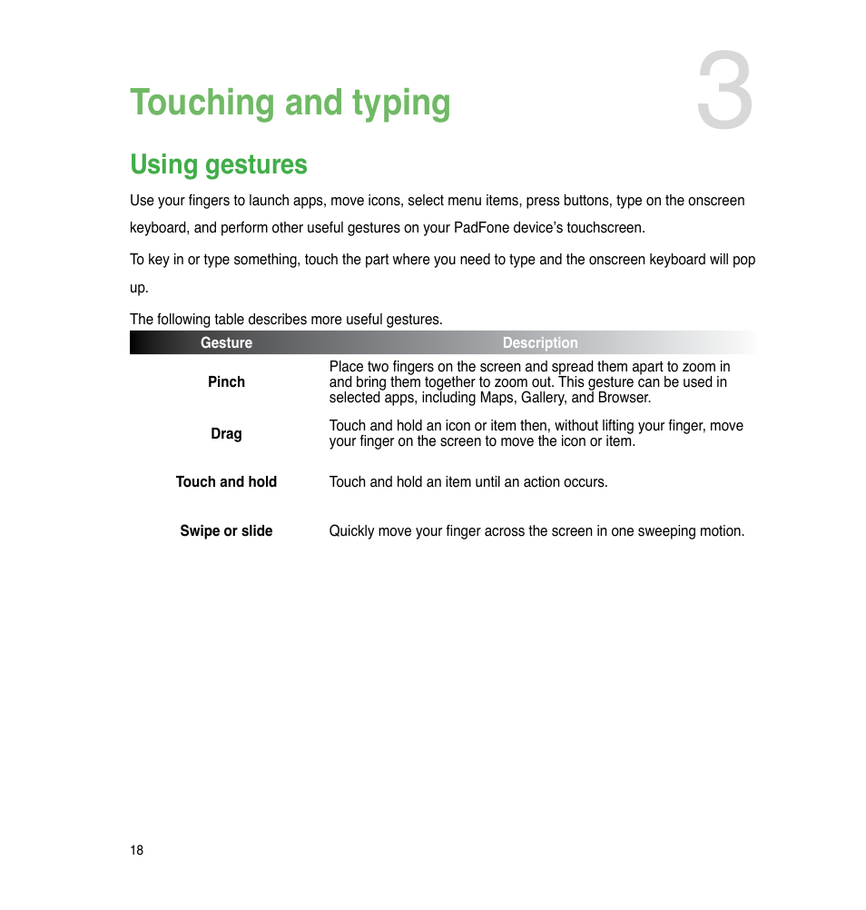 Touching and typing, Using gestures | Asus The new PadFone Infinity User Manual | Page 18 / 69