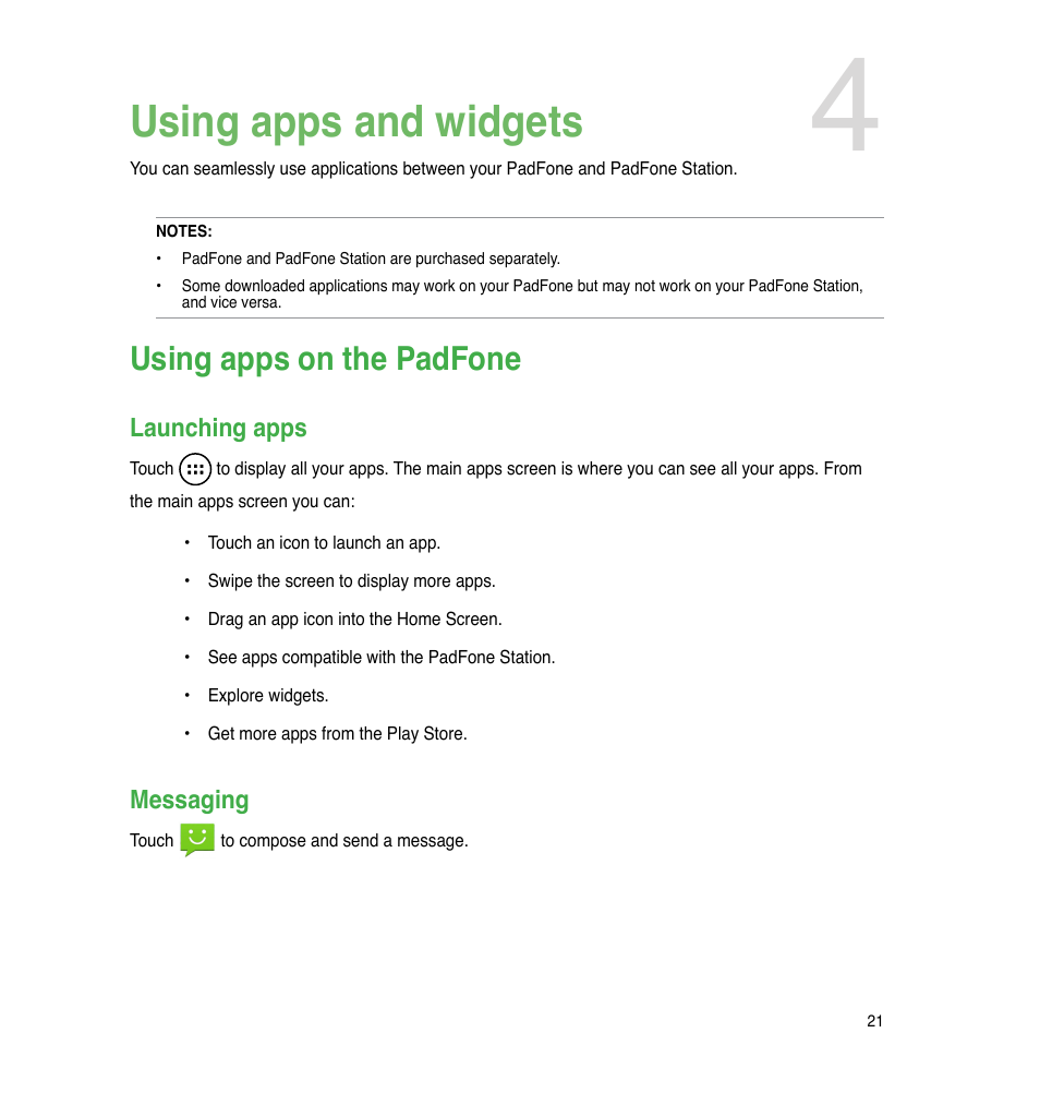 Using apps and widgets, Using apps on the padfone, Launching apps | Messaging | Asus The new PadFone Infinity User Manual | Page 21 / 69
