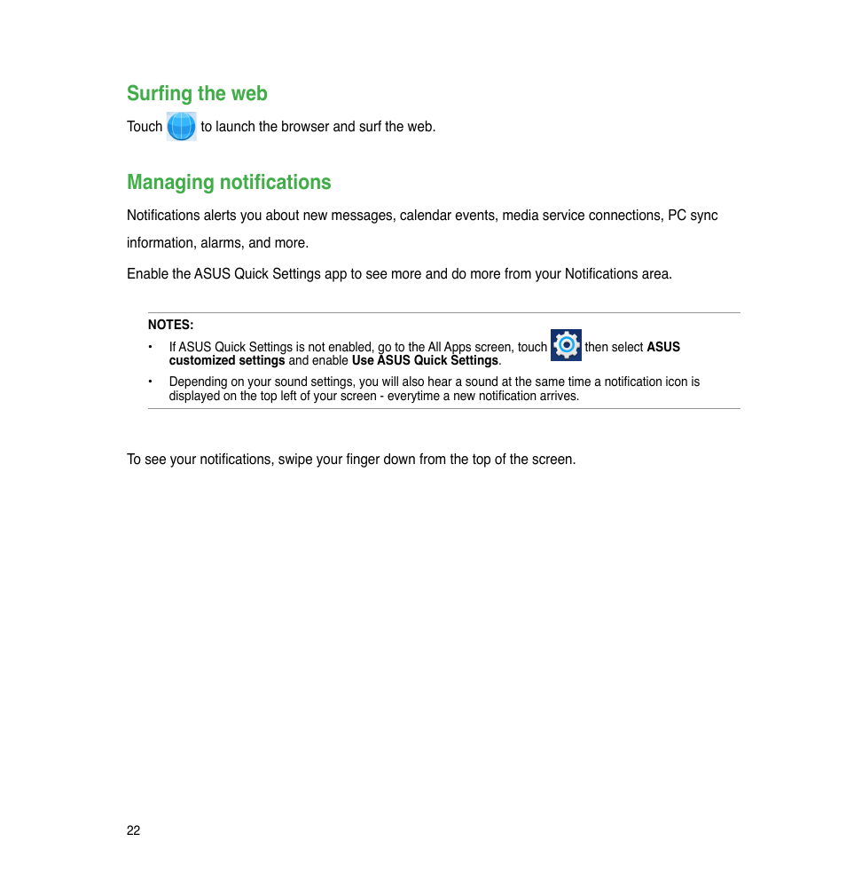 Surfing the web, Managing notifications | Asus The new PadFone Infinity User Manual | Page 22 / 69