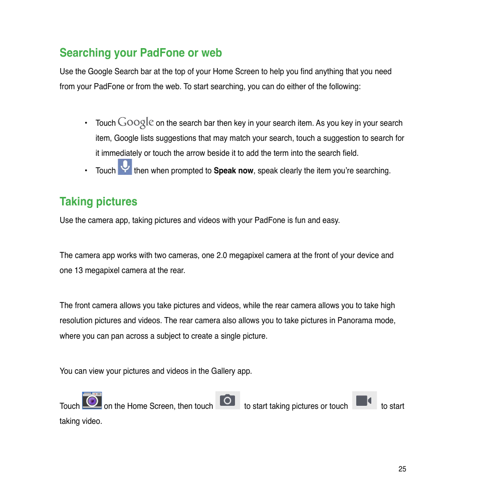 Searching your padfone or web, Taking pictures | Asus The new PadFone Infinity User Manual | Page 25 / 69