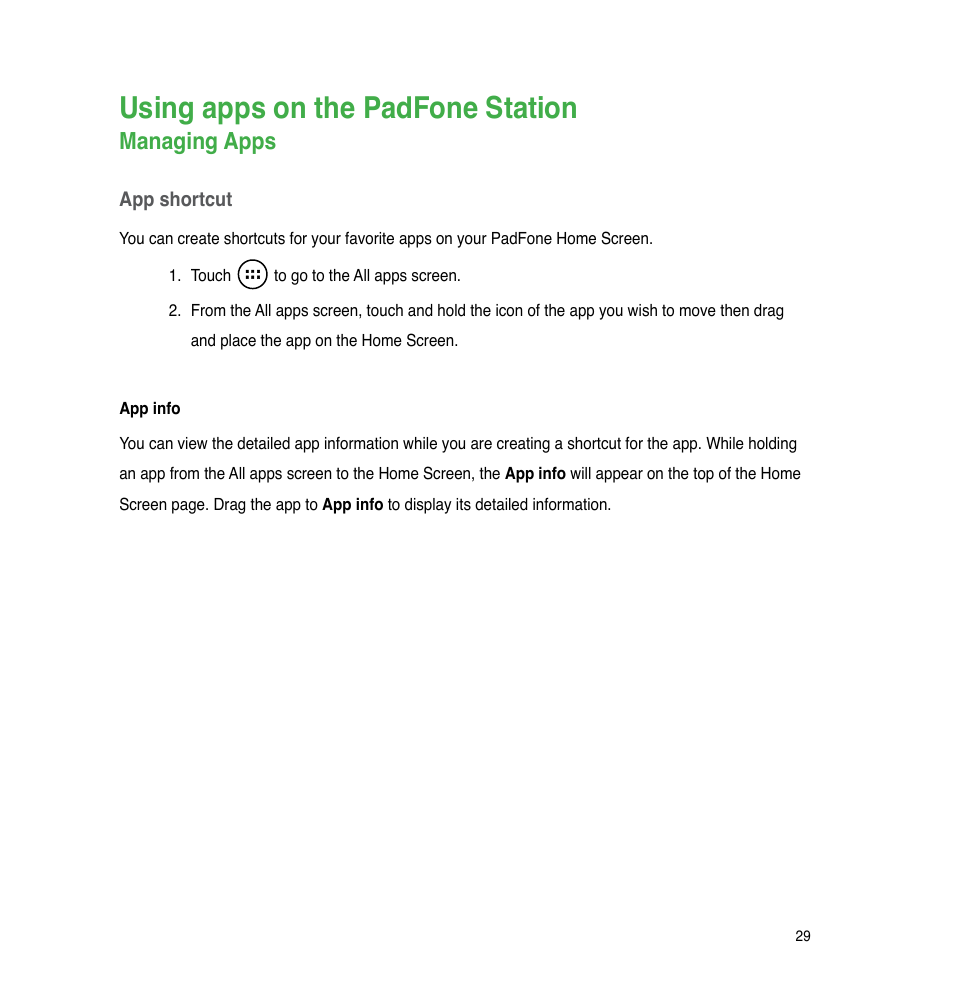 Using apps on the padfone station, Managing apps | Asus The new PadFone Infinity User Manual | Page 29 / 69