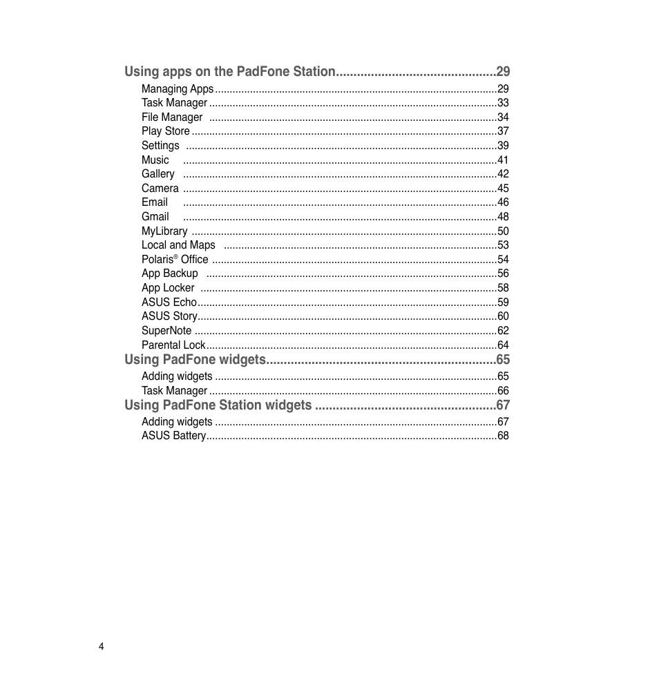 Using apps on the padfone station, Using padfone widgets, Using padfone station widgets | Asus The new PadFone Infinity User Manual | Page 4 / 69