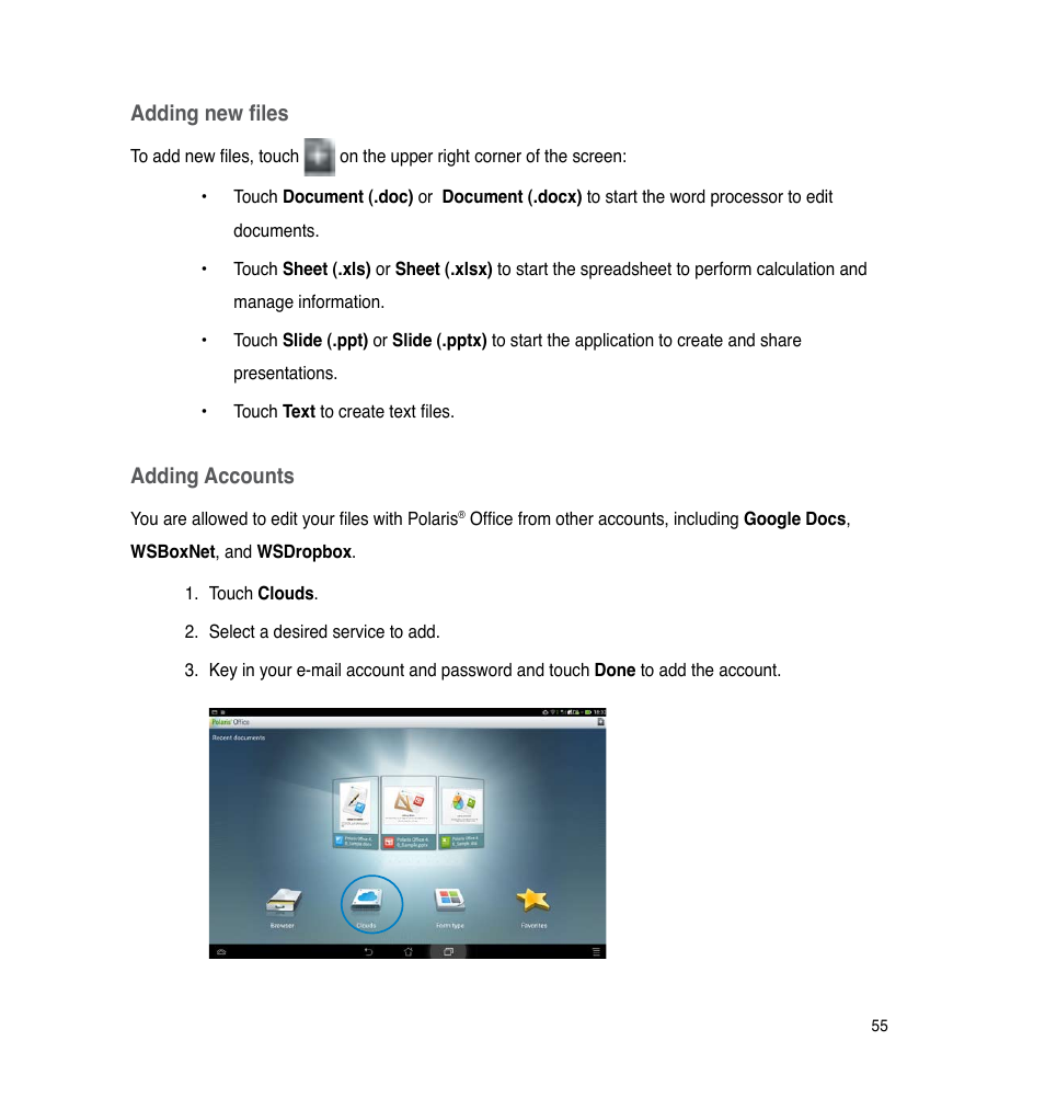 Adding new files, Adding accounts | Asus The new PadFone Infinity User Manual | Page 55 / 69