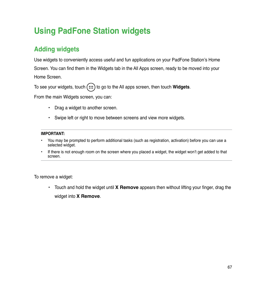 Using padfone station widgets, Adding widgets | Asus The new PadFone Infinity User Manual | Page 67 / 69