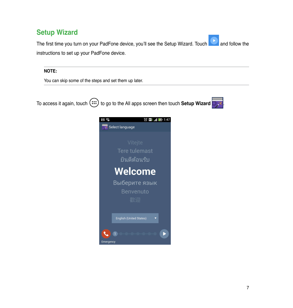 Setup wizard | Asus The new PadFone Infinity User Manual | Page 7 / 69