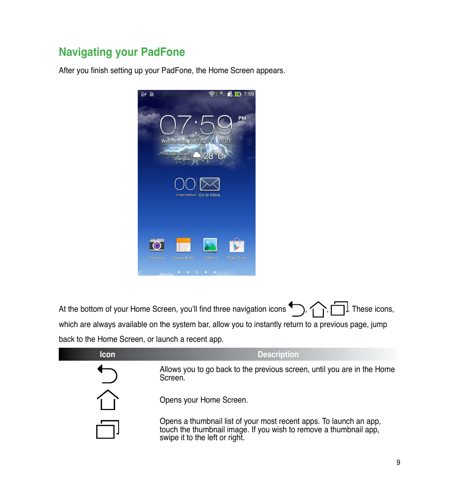 Navigating your padfone | Asus The new PadFone Infinity User Manual | Page 9 / 69