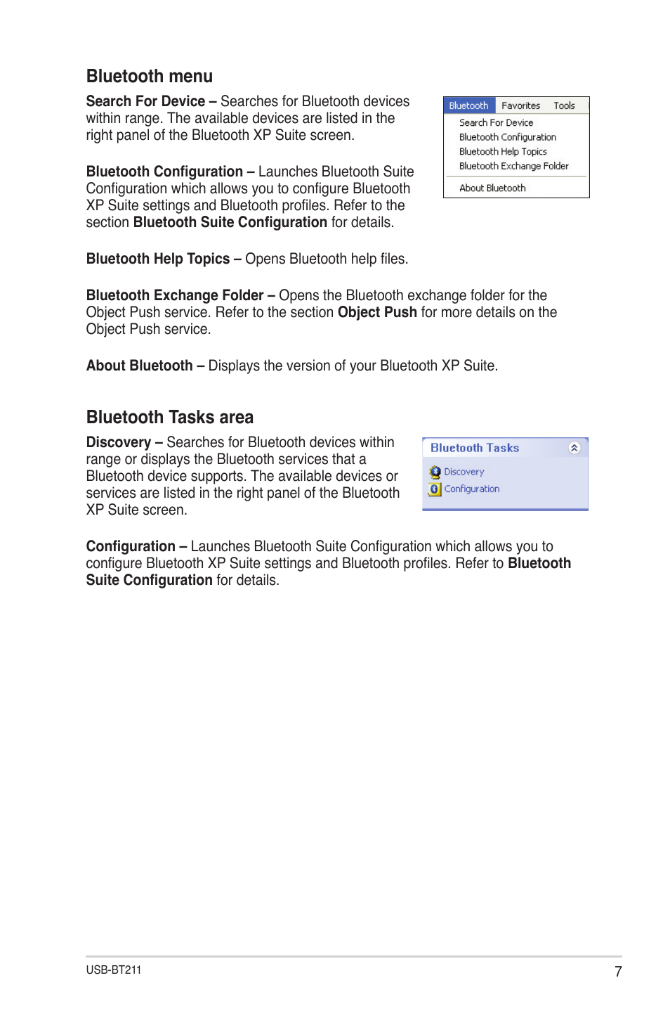 Bluetooth menu, Bluetooth tasks area | Asus USB-BT211 User Manual | Page 12 / 40