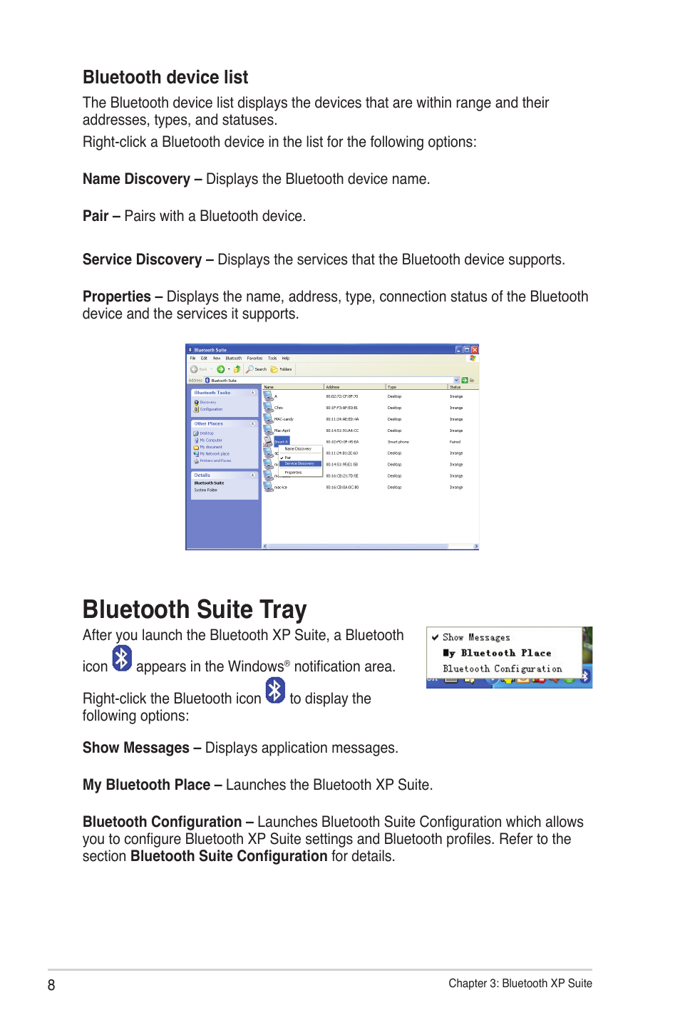 Bluetooth suite tray, Bluetooth device list | Asus USB-BT211 User Manual | Page 13 / 40