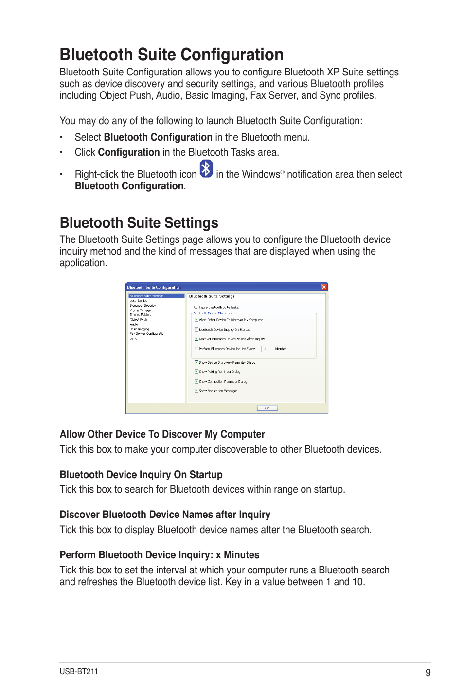Bluetooth suite configuration, Bluetooth suite settings | Asus USB-BT211 User Manual | Page 14 / 40