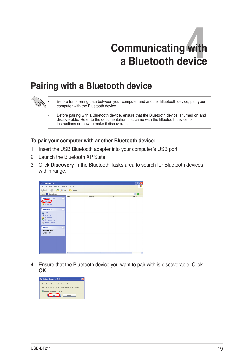 Chapter 4: communicating with a bluetooth device, Pairing with a bluetooth device, Communicating with a bluetooth device | Asus USB-BT211 User Manual | Page 24 / 40