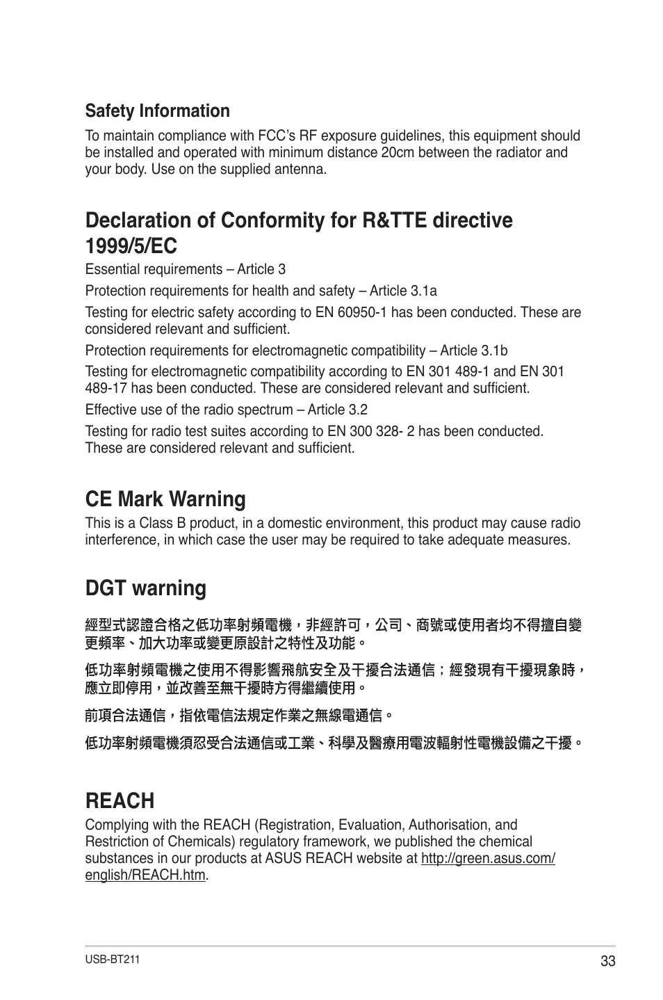 Ce mark warning, Dgt warning reach | Asus USB-BT211 User Manual | Page 38 / 40